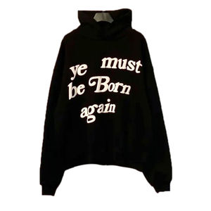 Sweat-shirt à capuche oversize noir pour femme avec impression de lettres « Ye Must Be Born Again », épaules tombantes, en coton tricoté, automne - Product Image 1