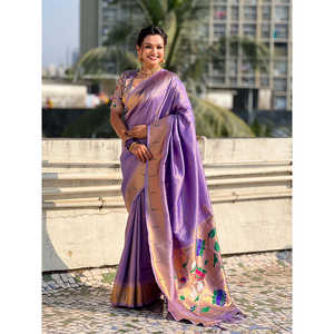 Sari en tissu de lavande Paithani Zari tissé, robe de mariée élégante - Product Image 6