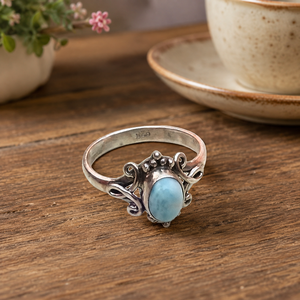 Pure 925 Sterling Silver Oval Blue Larimar <b>Ring</b> Rose & Yellow Gold Plated Handmade Scroll <b>Boho</b> Statement Fine Gift Jewelry Women - Product Image 6