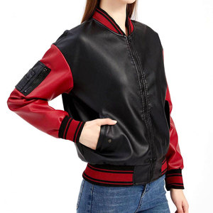 Chaqueta bomber de cuero PU para mujer, color negro y rojo, con cierre de cremallera y cuello vuelto, estilo motero. - Product Image 6