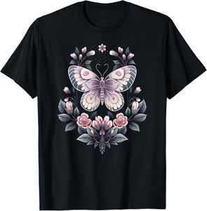Camiseta de verano con estampado floral de mariposas inspirada en la naturaleza, cuello redondo suave, uso diario, arte elegante de mariposas y crisantemos - Product Image 3