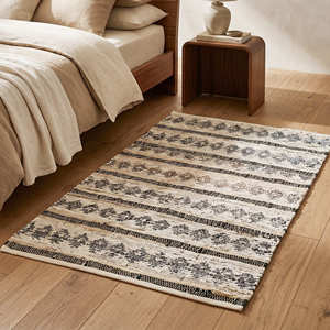Handmade Recycled Leather Accent <b>Rug</b> with Tribal Stripe Design for Bedroom Scandinavian <b>Rustic</b> & Farmhouse Home - Product Image 1
