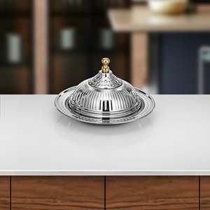 Classic Luxury Metal Serving <b>Bowl</b> <b>Lid</b> Polished Finish Dishwasher Safe White Royals Brand for Ramadan Party Dates Serving - Product Image 3