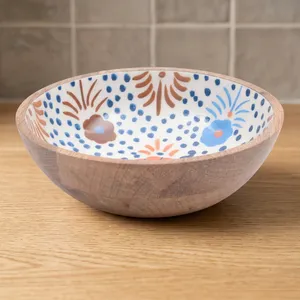 Bol de service en bois artisanal avec impression émaillée décorative, bol rustique pour salade, fruits et collations, pour la cuisine et la salle à manger - Product Image 4