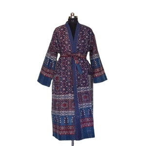 Chaqueta Kantha de algodón índigo Vintage para mujer, larga bata acolchada con cinturón de corbata, ropa de salón transpirable para Otoño e Invierno - Product Image 1