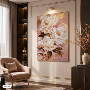 Toile murale florale, pivoines blanches, accents dorés, cadre en bois, impression de style classique, peinture sur toile F6-C3, peinte à la main - Product Image 4