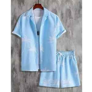 เสื้อเชิ้ตแขนสั้นพิมพ์ลายต้นปาล์มสีดำสำหรับผู้ชายและกางเกงขาสั้นเอวยางยืดชุดน้ำหนักเบาระบายอากาศได้ดีสวมใส่สบายในฤดูร้อน - Product Image 6