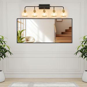 40\" Modern 5-<b>Light</b> Bathroom Vanity Wall <b>Sconce</b> Industrial Black Gold <b>Light</b> Fixture Clear Glass Shades Wall Mounted Lighting - Product Image 2