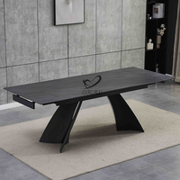 Table à manger élégante noire sur piétement, plateau rectangulaire en MDF, table convertible pour meubles de maison, pieds en métal