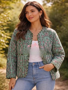 Handmade Green Floral Kantha Quilted Knitted Silk Screen Printed Cotton Indian Reversible Long Sleeve Regular <b>Jacket</b> Women Boho - Product Image 2