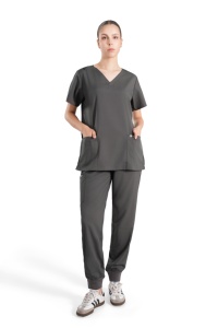 Conjunto de Uniforme Médico para Mujer, Color Gris Oscuro, Top con Cuello en V y Bolsillos, Pantalones Tipo Jogger, Tela Tejida de Algodón y Poliéster - Product Image 3