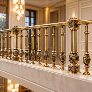 Rampe d'escalier dorée de style régale avec poteaux à embouts carrés ornés, colliers de balustre en relief et balustrade de rampe d'escalier traditionnelle - Product Image 3