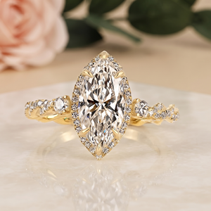 Luxury Gold Marquise Cut <b>Ring</b> with Pave Halo, Round Side Stones and Ornate Band Design Elegant <b>Statement</b> Fine Jewelry for Ladies - Product Image 1