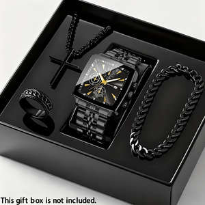 New Men's Fashionable Casual <b>Watch</b> Set, with Bracelet. <b>Ring</b> and Necklace Set, Stainless Steel Men <b>Watch</b> , - Product Image 4