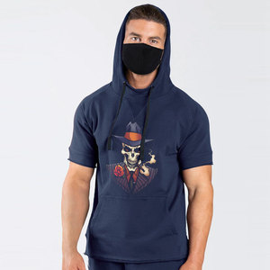 Men Blue <b>Short</b> <b>Sleeve</b> <b>Hoodie</b> Skull Print Casual Wear Breathable Cotton Hooded Sweatshirt Regular Fit Winter High Street Custom - Product Image 1