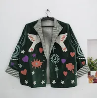 Blouson Bomber Unisexe en Velours de Coton Vert Foncé Imprimé et Tissé à la Main, Col Montant, Style Bohème Chic, Ouvert sur le Devant, Chaud et Respirant pour l'Hiver