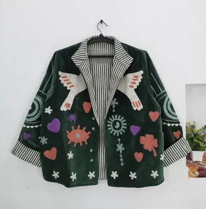 Chaqueta Bordada de Terciopelo Verde Oscuro Hecha a Mano para Mujer, Estilo Boho Chic, Cárdigan Abierto por Delante, Abrigo Kimono Cálido para Invierno - Product Image 1