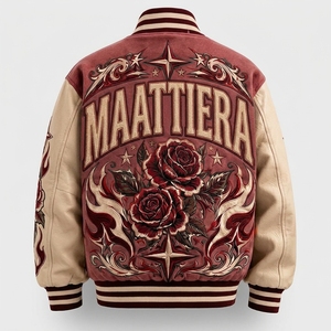 Blouson universitaire bordeaux pour homme avec manches en cuir crème, motif rose brodé, fermeture à boutons-pression, style streetwear côtelé - Product Image 5