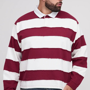 Polo à manches longues rayé pour homme grande taille, tricoté, style rugby décontracté, color block blanc et bordeaux - Product Image 1