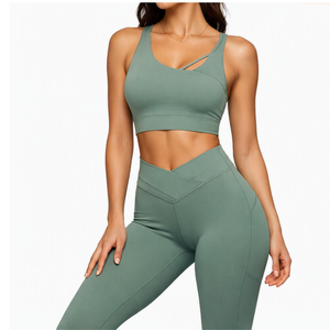 Conjunto de Yoga de 2 Piezas Verde para Mujer, Leggings de Cintura Alta, Top Corto con Espalda Cruzada, Color Sólido, Ropa Deportiva Transpirable con Elasticidad en Cuatro Direcciones - Product Image 4