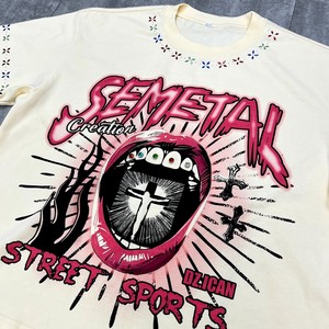 เสื้อยืดโอเวอร์ไซส์ทรงบ็อกซี่ ฮิปฮอป ผ้าฝ้ายสำหรับฤดูร้อน ตกแต่งด้วยโลโก้ประดับเพชรคุณภาพสูงจาก Qianshi สำหรับผู้ชาย - Product Image 4