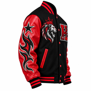 Veste universitaire noire et rouge pour homme, broderie Lion Crown H, manches flamboyantes, streetwear - Product Image 2