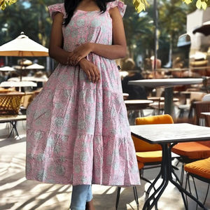 ชุดเดรสยาวลายดอกไม้สไตล์หวานลำลองสำหรับผู้หญิงและเด็กผู้หญิง ผ้าฝ้ายเป็นมิตรกับสิ่งแวดล้อม แขนทรงบาน ทรงหลวม เหมาะสำหรับวันหยุดและงานเฉลิมฉลอง - Product Image 4
