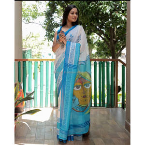 Yellow and Red Linen Digital <b>Print</b> Saree Party Wear <b>Cocktail</b> Dresses - Product Image 4