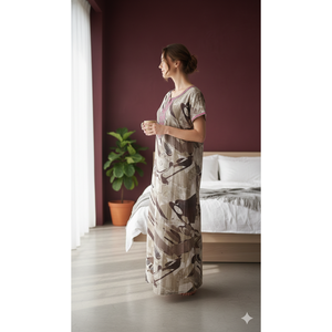 Camisón Largo de Verano para Mujer, Cómodo, Estampado, de Algodón/Fibra de Bambú, Mangas Cortas, Bolsillos Laterales, Suave - Product Image 3