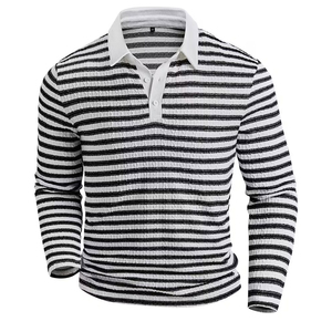 Polo de Manga Larga para Hombre, Camiseta de Punto a Rayas, Cuello con Botones, Estilo Casual, Negro y Blanco - Product Image 1