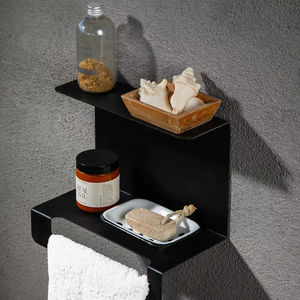 Étagère murale moderne en acier inoxydable noir mat à 2 niveaux pour salle de bain et cuisine avec porte-serviettes et porte-savon pour hôtels - Product Image 2