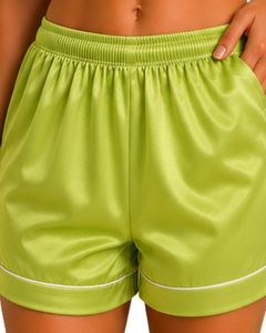 Manufacturer Custom Lime <b>Green</b> Satin Pajama Set Women <b>Silk</b> Sleepwear Soft Short Sleeve Embroidered Lounge Nightwear Outfit Set - Product Image 6