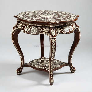 Table d'appoint ronde en incrustation d'os avec motif floral Mobilier en bois élégant Parfait pour le salon, la chambre à coucher et la décoration de la maison - Product Image 2