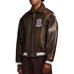 Chaqueta Bomber Estilo Avirex Vintage Marrón de Cuero Genuino y Lona Recubierta con Parches Bordados para Invierno y Uso Urbano - Product Image 4