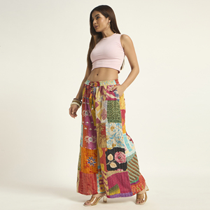 Bohemian Patchwork Wide Leg Harem Pants Full Length Cotton Drawstring Waist Loose Fit Summer Palazzo <b>Trousers</b> - Product Image 3