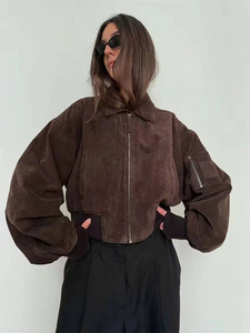 Brown <b>Suede</b> Bomber <b>Jacket</b> Turn-down Collar Zipper Closure Solid Color Casual Short Length Autumn Wear Unisex - Product Image 2