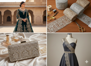 Bordado de Perlas y Lentejuelas Ecológico de Primera Calidad sobre Tul Fino para Vestidos de Novia Étnicos de Lujo y Prendas de Diseñador - Product Image 3