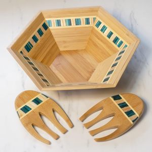 Ensemble de saladiers hexagonaux en bambou avec ustensiles, bols mélangeurs en bois écologiques à motif incrusté pour fruits et légumes, vente en gros - Product Image 2