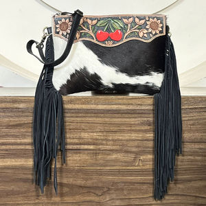 กระเป๋าถือสะพายข้างสไตล์โบฮีเมียนแบบ OEM ODM สำหรับสุภาพสตรี ทำด้วยมือจากหนังวัวแท้ ลายเชอร์รี่ กระเป๋าถือแบบบูติก - Product Image 5