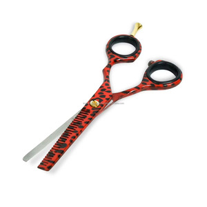 Red Leopard Print <b>Thinning</b> <b>Hair</b> <b>Scissors</b> 28 Teeth Stainless Steel Right Handed Long Handle Barber Tool By INSTRONIX SURGICAL - Product Image 1