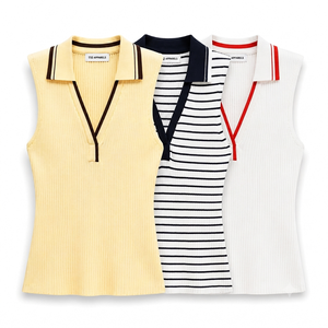 Camiseta de punto acanalado sin mangas para mujer con logo personalizado, cuello en V a rayas, ajuste ceñido, top corto de punto, proveedor OEM - Product Image 1