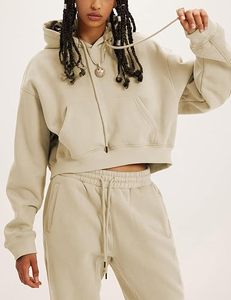 Ensemble jogging et sweat à capuche 2 pièces pour femme en molleton de coton mélangé, respirant, écologique, coupe ample, décontracté, sportswear, manches lanternes courtes - Product Image 2