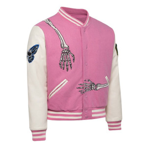 Chaqueta Bomber Varsity con Estampado de Esqueleto Rosa, Tendencia 2025, Unisex, Estilo Urbano, con Botones a Presión y Parche de Mariposa - Product Image 1