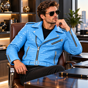 Men's Blue for Embossed Leather Biker <b>Jacket</b> | Breathable <b>Vintage</b> Winter <b>Motorcycle</b> <b>Jacket</b> Belt Zipper Pockets Lapel - Product Image 5