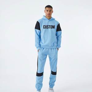 Ensemble de survêtement bleu clair personnalisé pour homme, sweat-shirt en coton avec blocs de couleur, taille élastique et poches latérales - Product Image 1