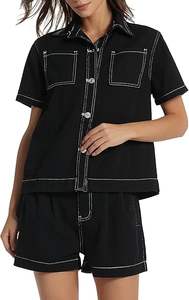 Conjunto de dos piezas de mezclilla para mujer: Top y shorts, estilo vaquero sexy con botones, atuendo casual de mezclilla de manga larga con cremallera. - Product Image 3