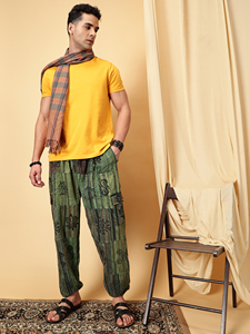 กางเกงขายาวผ้าฝ้าย100% สำหรับผู้ชายแบบเย็บปะติดสไตล์เนปาลใส่สบายสวมใส่อยู่บ้านแบบบอลลูนชุดใส่นอนสีล้วน - Product Image 3