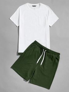 Conjunto de Camiseta y Pantalones Cortos de Algodón para Hombre, Color Sólido, Cuello Redondo, Bolsillo, Ribete en Contraste, Ropa Casual, Corte Regular - Product Image 6