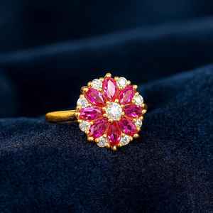 แหวนรูปดอกไม้ประดับทับทิมทรงมาร์ควิส ตัวเรือนเงินแท้ 925 ชุบทอง 14k ประดับเพชร CZ รับรองโดย IGI เหมาะสำหรับงานแต่งงานและงานเลี้ยงสำหรับผู้หญิง - Product Image 1