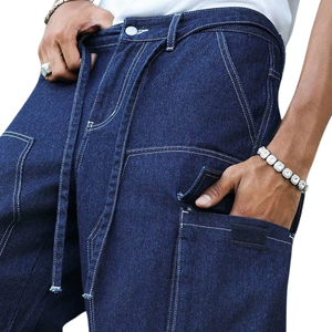 <b>Mens</b> Dark Blue Denim Cargo Shorts Breathable Mid Button Loose Fit Utility Pocket <b>Drawstring</b> Casual Streetwear Summer Fashion - Product Image 3